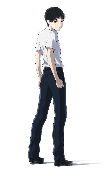 Anime picture 1200x1942 with ajin nagai kei single tall image fringe short hair black hair simple background red eyes looking away from behind shadow short sleeves pale skin boy uniform school uniform shirt shoes boots
