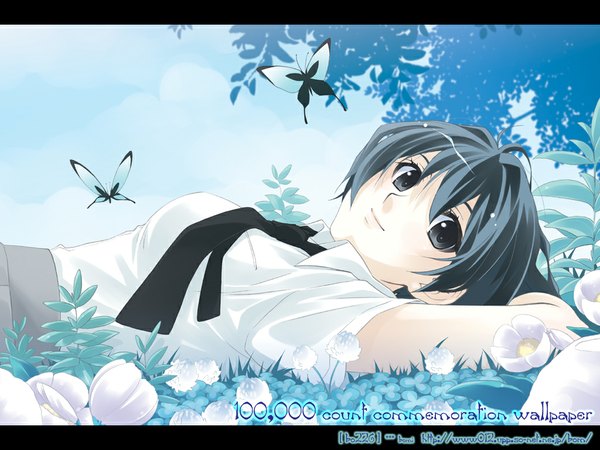 Anime picture 1024x768 with original bomi short hair girl insect butterfly