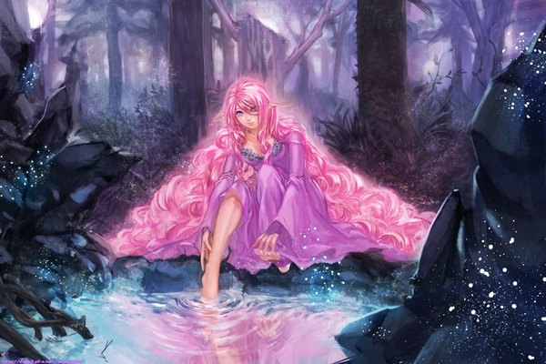 Anime picture 900x600 with original yamakawa umi single looking at viewer fringe hair between eyes purple eyes pink hair cleavage very long hair barefoot pointy ears partially submerged reflection wavy hair girl dress gloves plant (plants) tree (trees)