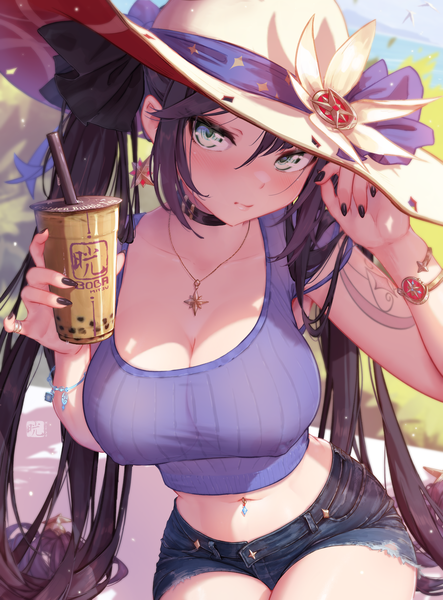 Anime picture 3102x4200 with genshin impact mona megistus mitsu (mitsu art) single long hair tall image looking at viewer blush fringe highres breasts light erotic black hair hair between eyes large breasts sitting holding signed absurdres outdoors