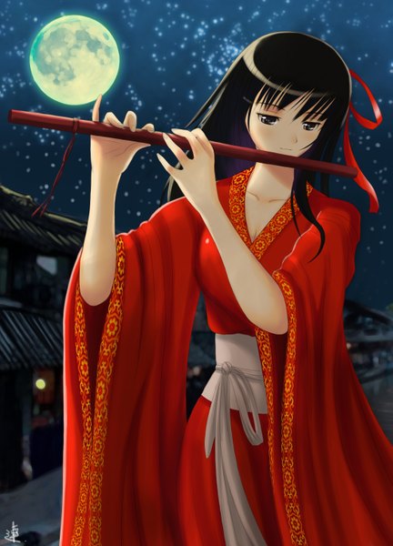 Anime picture 2125x2952 with original xiao lian single long hair tall image highres black hair brown eyes signed traditional clothes night girl ribbon (ribbons) hair ribbon moon musical instrument flute