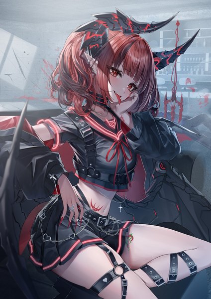 Anime picture 2110x2985 with original heirou single tall image looking at viewer blush fringe highres short hair red eyes sitting twintails red hair indoors blunt bangs nail polish pleated skirt multicolored hair horn (horns) fingernails