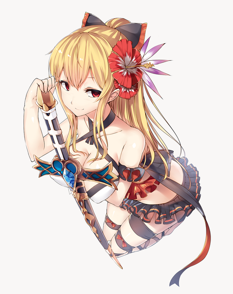 Anime picture 1151x1454 with granblue fantasy vira lilie orihi single long hair tall image fringe breasts light erotic blonde hair smile hair between eyes red eyes large breasts ahoge ponytail head tilt hair flower from above alternate costume