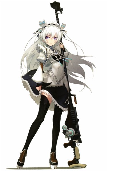 Anime picture 5120x6560 with hitsugi no chaika studio bones chaika trabant namaniku atk single long hair tall image looking at viewer highres simple background white background purple eyes absurdres white hair scan official art girl thighhighs dress hair ornament