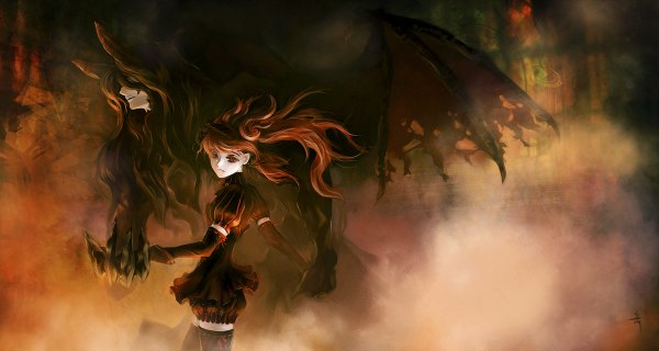 Anime picture 1200x640 with sound horizon shaytan layla archlich long hair red eyes brown hair wide image horn (horns) demon girl thighhighs dress gloves ribbon (ribbons) wings elbow gloves claws