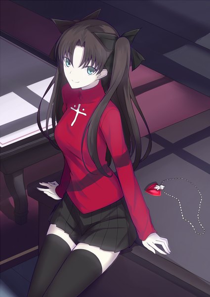 Anime picture 800x1129 with fate (series) fate/stay night type-moon toosaka rin kauto single long hair tall image looking at viewer blue eyes black hair smile sitting twintails zettai ryouiki girl thighhighs skirt bow black thighhighs