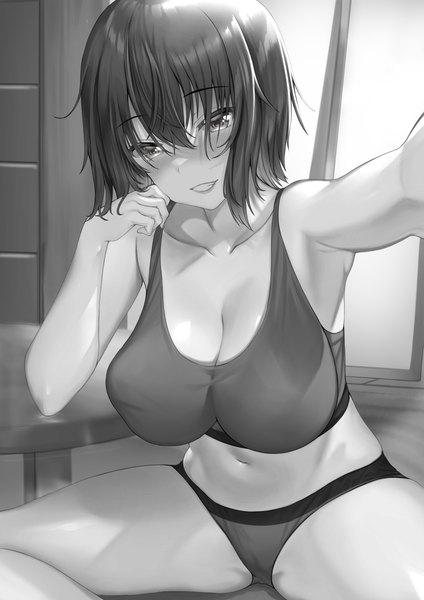 Anime picture 1061x1500 with original arudehido single tall image looking at viewer blush fringe short hair breasts light erotic smile hair between eyes large breasts sitting cleavage indoors armpit (armpits) underwear only grin monochrome