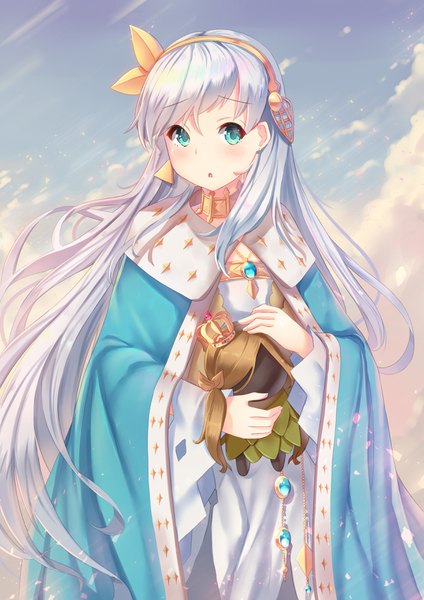 Anime picture 2480x3508 with fate (series) fate/grand order anastasia (fate) viy (fate) holmemee single long hair tall image looking at viewer blush fringe highres open mouth hair between eyes standing holding sky silver hair cloud (clouds) aqua eyes
