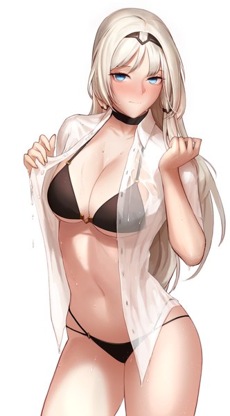 Anime-Bild 618x1117 mit girls frontline an-94 (girls frontline) monaim single long hair tall image looking at viewer blush fringe breasts blue eyes light erotic simple background standing white background cleavage silver hair bare belly wet open shirt
