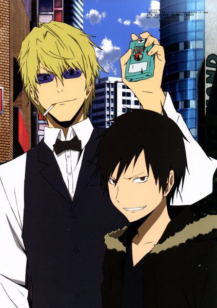 Anime picture 1600x2270 with durarara!! brains base (studio) orihara izaya heiwajima shizuo tall image short hair open mouth black hair blonde hair smile scan multiple boys city smoking boy glasses jacket bowtie 2 boys sunglasses