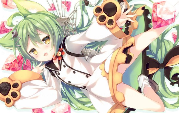 Anime picture 813x515 with azur lane akashi (azur lane) kabocha usagi single blush fringe open mouth light erotic hair between eyes yellow eyes looking away ahoge bent knee (knees) braid (braids) very long hair :d green hair mole mole under eye outstretched arm