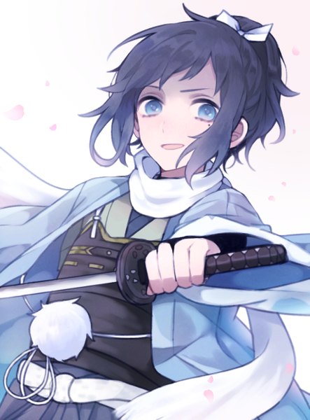 Anime picture 899x1217 with touken ranbu nitroplus yamato no kami yasusada biskekun single tall image short hair blue eyes black hair simple background ponytail traditional clothes japanese clothes wind mole mole under eye outstretched arm boy weapon petals