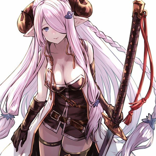 Anime picture 800x800 with granblue fantasy narmaya (granblue fantasy) robo8 single looking at viewer fringe breasts blue eyes light erotic simple background large breasts standing white background holding payot pink hair cleavage braid (braids) very long hair horn (horns)
