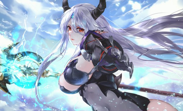 Anime picture 2500x1515 with epic seven luna (epic7) vardan single long hair looking at viewer fringe highres breasts light erotic hair between eyes red eyes wide image large breasts holding payot sky cleavage silver hair cloud (clouds)