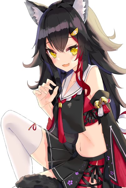 Anime picture 1377x2048 with virtual youtuber hololive ookami mio ookami mio (1st costume) sinobi illust single long hair tall image looking at viewer fringe open mouth black hair simple background smile hair between eyes white background sitting animal ears yellow eyes tail