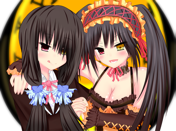 Anime picture 1441x1070 with date a live tokisaki kurumi long hair looking at viewer blush open mouth black hair twintails bare shoulders multiple girls heterochromia :p dual persona girl dress 2 girls frills headdress
