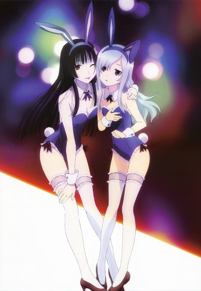 Anime picture 4088x5919 with sankarea studio deen nyantype sanka rea furuya mero long hair tall image highres light erotic black hair red eyes purple eyes multiple girls absurdres silver hair one eye closed wink official art bunny ears :p