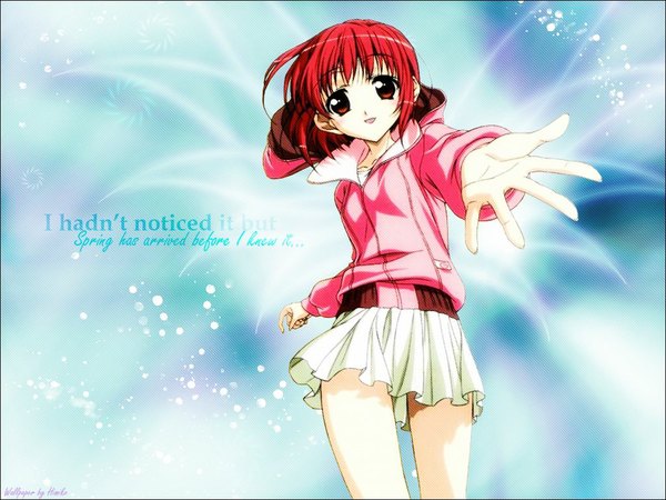 Anime picture 1024x768 with d.n.angel xebec harada riku short hair red eyes red hair inscription wallpaper blue background girl hood