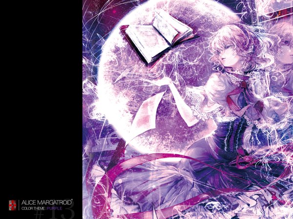 Anime picture 1600x1200 with touhou alice margatroid cis (carcharias) single short hair blonde hair purple eyes girl dress ribbon (ribbons) hairband book (books) paper