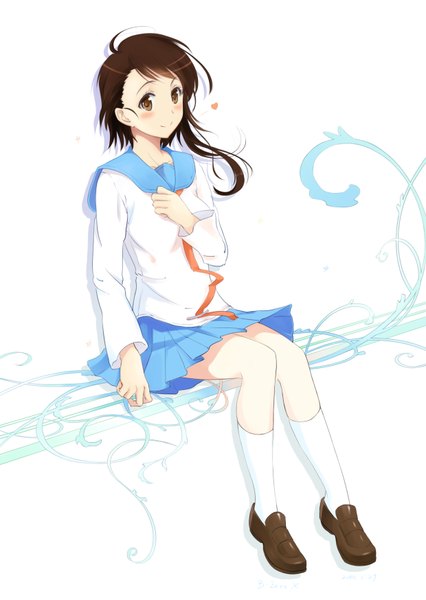 Anime picture 1240x1748 with nisekoi shaft (studio) onodera kosaki bzerox single long hair tall image looking at viewer blush brown hair sitting brown eyes pleated skirt hand on chest girl skirt uniform school uniform miniskirt socks