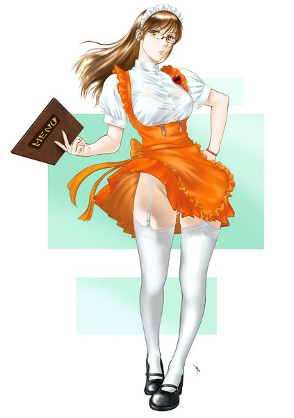Anime picture 1129x1600 with tyno long hair tall image light erotic simple background brown hair white background brown eyes full body waitress girl thighhighs white thighhighs glasses bonnet