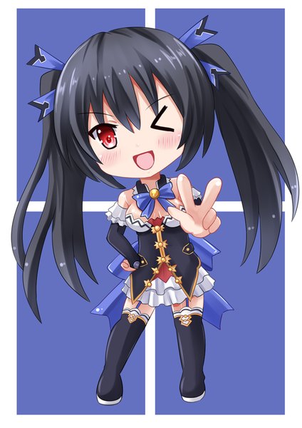 Anime picture 900x1273 with choujigen game neptune noire kazenokaze single long hair tall image blush open mouth black hair red eyes twintails one eye closed wink chibi girl dress bow hair bow thigh boots