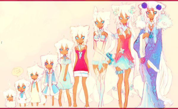 Anime-Bild 1600x981 mit original mujinai long hair blue eyes simple background wide image multiple girls animal ears white hair one eye closed hair flower aqua eyes wink dark skin group 6+ girls alternate age multiple persona 9 girls age progression