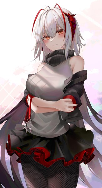 Anime picture 876x1614 with arknights w (arknights) ru zhai single tall image looking at viewer blush fringe short hair breasts smile hair between eyes red eyes large breasts standing white background bare shoulders payot silver hair ahoge