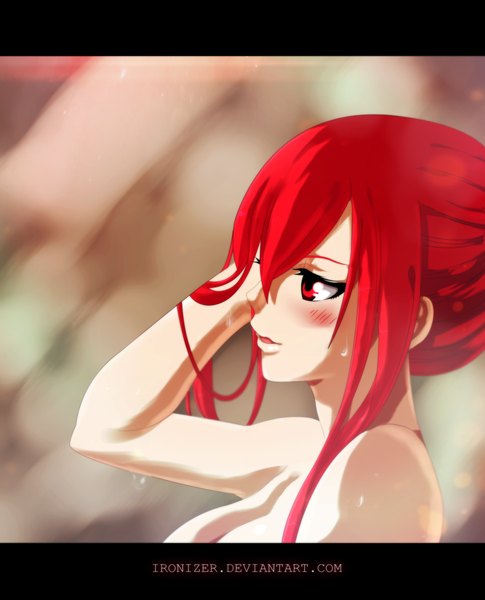 Anime-Bild 2000x2470 mit fairy tail erza scarlet ironizer single long hair tall image blush highres open mouth light erotic red eyes red hair profile wet coloring adjusting hair letterboxed naughty face girl