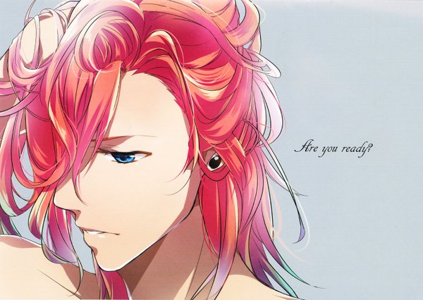 Anime picture 1408x1000 with uta no prince-sama a-1 pictures jinguji ren tagme (artist) single long hair fringe blue eyes simple background profile hair over one eye orange hair inscription grey background text looking down portrait arms behind head face english