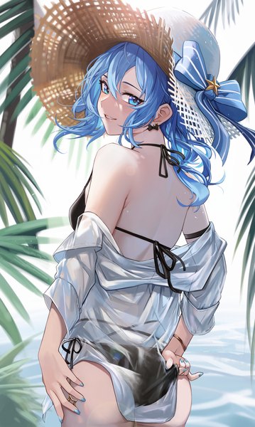 Anime picture 2480x4150 with virtual youtuber hololive hoshimachi suisei anizi single long hair tall image looking at viewer fringe highres blue eyes light erotic smile hair between eyes standing blue hair ass nail polish looking back fingernails