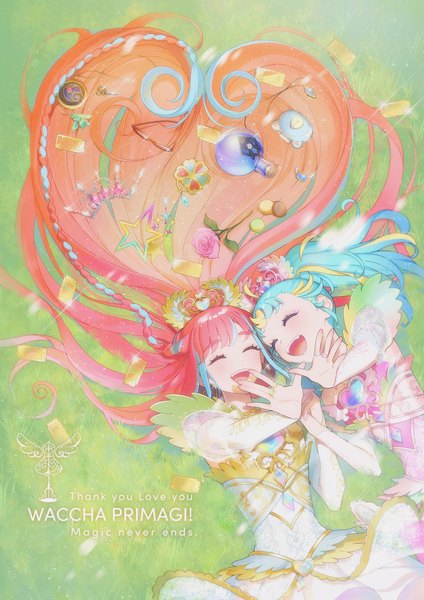 Anime picture 2026x2865 with waccha primagi! pretty (series) hibino matsuri myamu o4ritarou long hair tall image highres open mouth multiple girls pink hair eyes closed multicolored hair arm up from above aqua hair streaked hair copyright name holding hands ^ ^