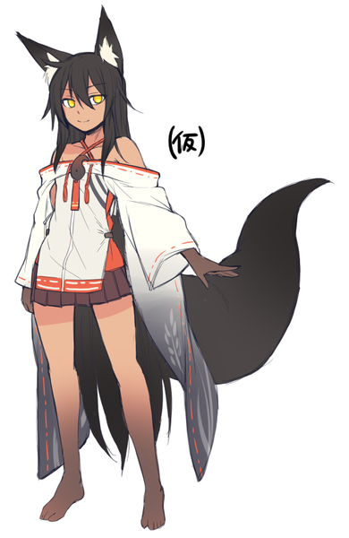 Anime picture 540x830 with original tamakagura tatari yagi (ningen) single long hair tall image looking at viewer fringe black hair simple background hair between eyes standing white background bare shoulders animal ears yellow eyes payot tail traditional clothes animal tail