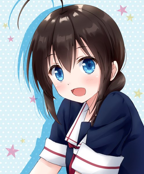 Anime picture 745x900 with kantai collection shigure destroyer hoshino kagari single long hair tall image looking at viewer blush fringe open mouth blue eyes hair between eyes brown hair ahoge :d polka dot polka dot background girl uniform serafuku