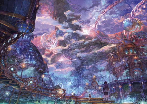 Anime picture 1443x1020 with original munashichi single short hair black hair standing sky cloud (clouds) outdoors fantasy scenic boy plant (plants) animal tree (trees) building (buildings) star (stars) cat stairs backpack