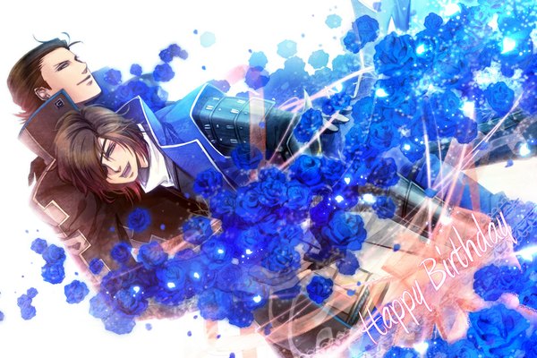 Anime picture 1000x667 with sengoku basara production i.g date masamune katakura kojuurou kochi blush short hair open mouth brown hair brown eyes inscription multiple boys happy birthday boy flower (flowers) armor rose (roses) 2 boys eyepatch blue rose