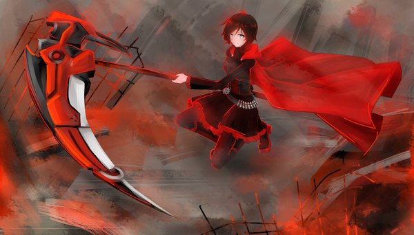 Anime picture 7000x4000 with rwby rooster teeth ruby rose motsiko single looking at viewer blush highres short hair smile wide image absurdres red hair grey eyes girl skirt weapon pantyhose boots cape
