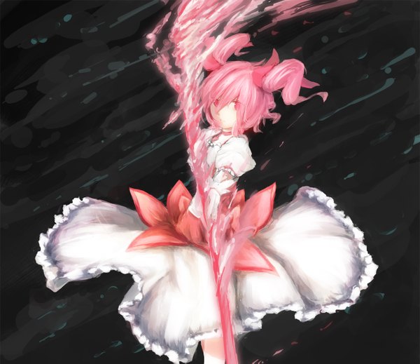 Anime picture 1280x1109 with mahou shoujo madoka magica shaft (studio) kaname madoka lechat single short hair standing twintails pink hair pink eyes short twintails dark background archery girl dress gloves white dress bow (weapon)