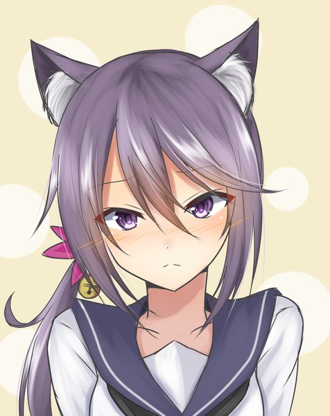 Anime picture 1020x1285 with kantai collection akebono destroyer denpa (denpae29) single long hair tall image looking at viewer blush fringe hair between eyes purple eyes animal ears purple hair cat ears embarrassed side ponytail portrait kemonomimi mode hair bell girl