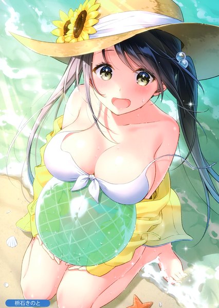 Anime picture 2099x2958 with melonbooks masuishi kinoto single long hair tall image looking at viewer blush fringe highres breasts open mouth light erotic black hair large breasts sitting twintails bare shoulders signed yellow eyes payot