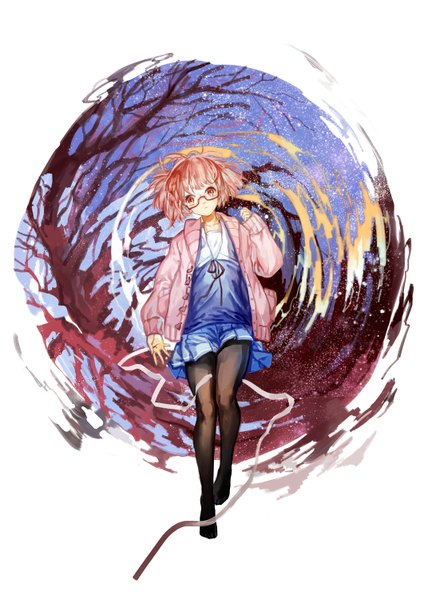 Anime picture 1061x1500 with kyoukai no kanata kyoto animation kuriyama mirai biji single tall image looking at viewer short hair red eyes pink hair no shoes abstract girl skirt uniform ribbon (ribbons) plant (plants) school uniform miniskirt pantyhose