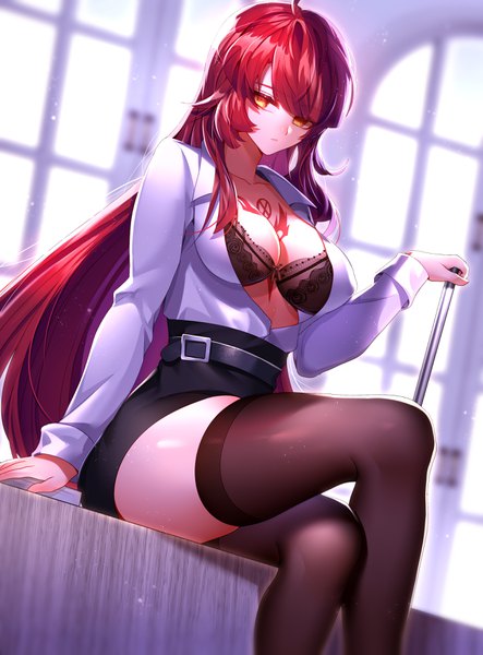Anime picture 2552x3453 with elsword elesis (elsword) been single long hair tall image looking at viewer fringe highres breasts light erotic large breasts sitting holding yellow eyes cleavage red hair indoors long sleeves arm support