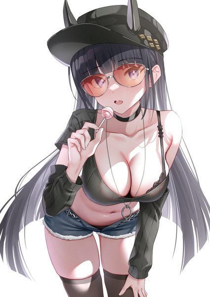 Anime picture 2508x3541 with azur lane noshiro (azur lane) noshiro (dressed-up date) (azur lane) classic (zildjian33) single long hair tall image looking at viewer fringe highres breasts open mouth light erotic black hair simple background large breasts white background purple eyes blunt bangs horn (horns)