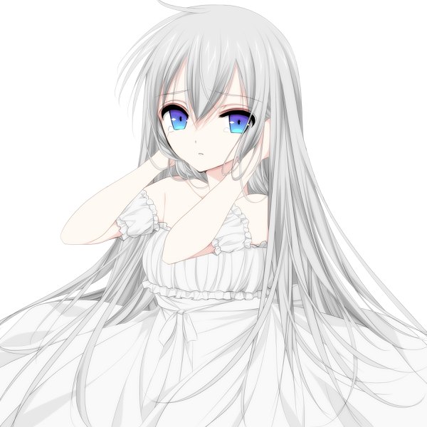 Anime picture 2400x2400 with original misteor single long hair fringe highres simple background hair between eyes white background bare shoulders silver hair upper body ahoge arms up short sleeves tears hands on head girl dress detached sleeves