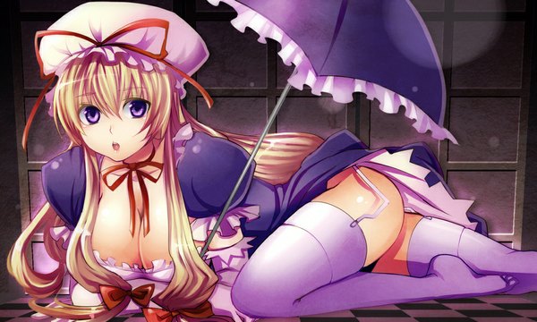 Anime picture 1000x600 with touhou yakumo yukari matsurika youko long hair breasts open mouth light erotic blonde hair wide image large breasts purple eyes girl thighhighs dress umbrella bonnet