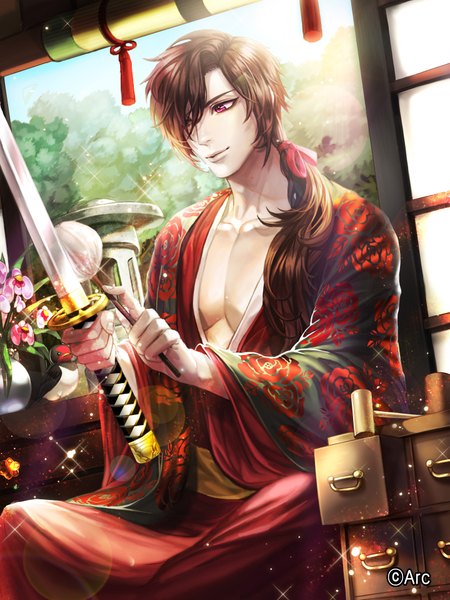 Anime picture 1440x1920 with bbbox (hotpppink) single long hair tall image fringe red eyes brown hair sitting traditional clothes japanese clothes light smile hair over one eye eyebrows indian style boy flower (flowers) weapon plant (plants) sword tree (trees)