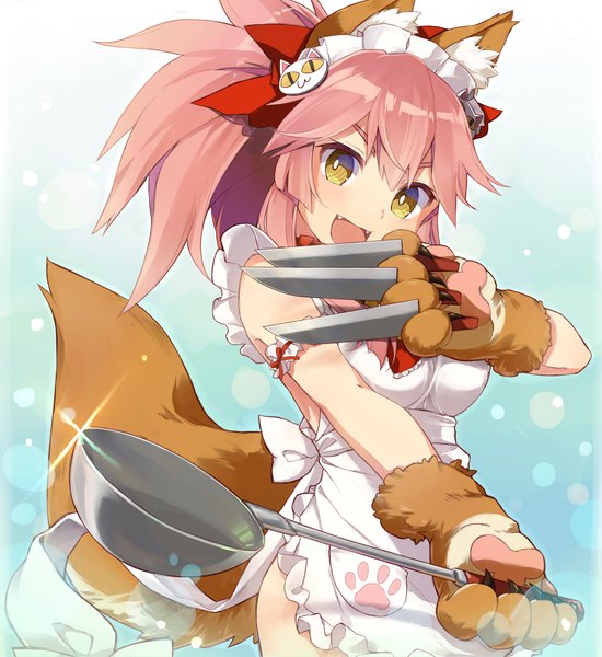 Anime picture 825x900 with fate (series) fate/grand order fate/extra tamamo (fate) (all) tamamo cat (fate) agsen single long hair tall image looking at viewer blush fringe breasts open mouth light erotic holding animal ears yellow eyes pink hair ponytail