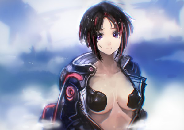 Anime picture 3508x2480 with original okuto single looking at viewer fringe highres short hair breasts light erotic black hair purple eyes pink hair absurdres upper body outdoors multicolored hair light smile blurry open jacket two-tone hair