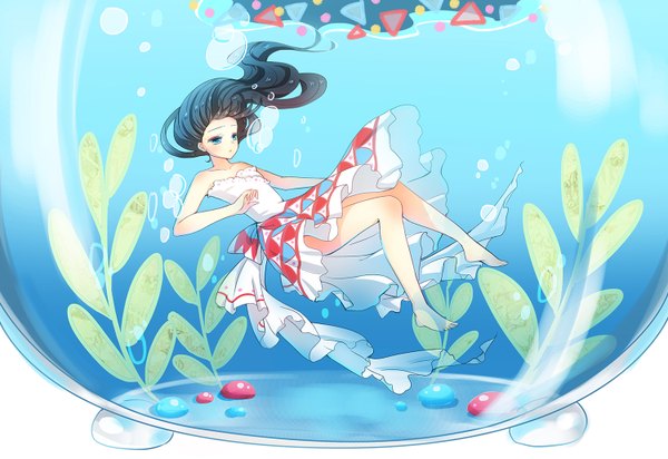 Anime picture 1500x1030 with original emia wang single long hair blue eyes black hair underwater girl sundress bubble (bubbles)