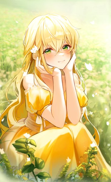 Anime picture 3221x5264 with original youwon0417 single long hair tall image looking at viewer blush fringe highres blonde hair smile hair between eyes sitting bare shoulders green eyes absurdres outdoors sunlight mole short sleeves